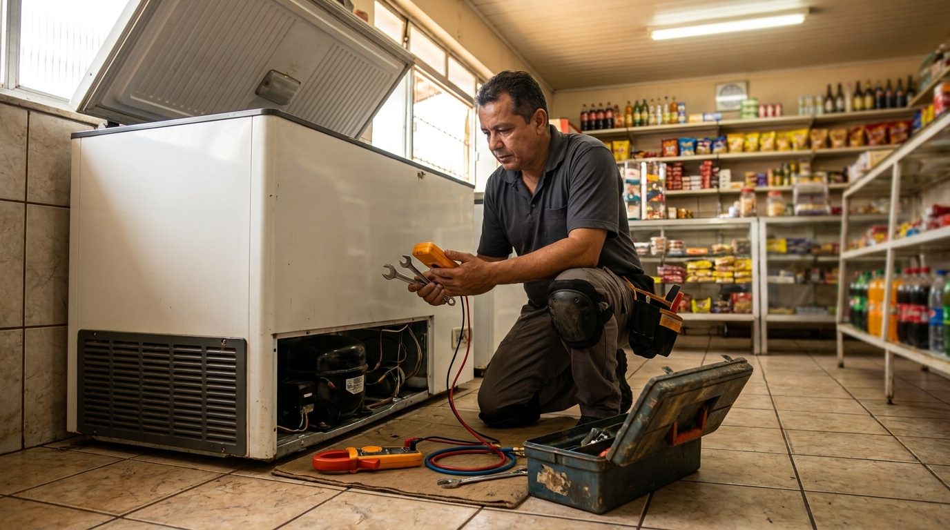 Profissional executando manutenção no motor de freezer em Itajaí‑SC