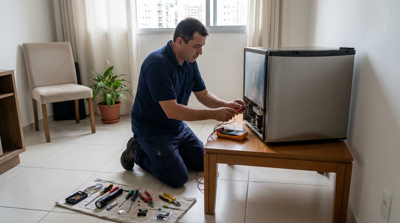 Técnico fazendo manutenção do motor de frigobar em Itajaí‑SC