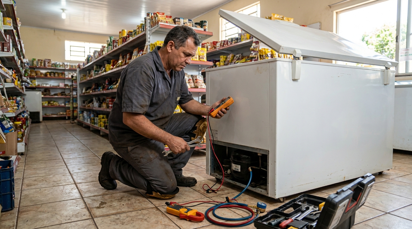 Substituição de termostato de freezer em visita técnica em Itajaí‑SC